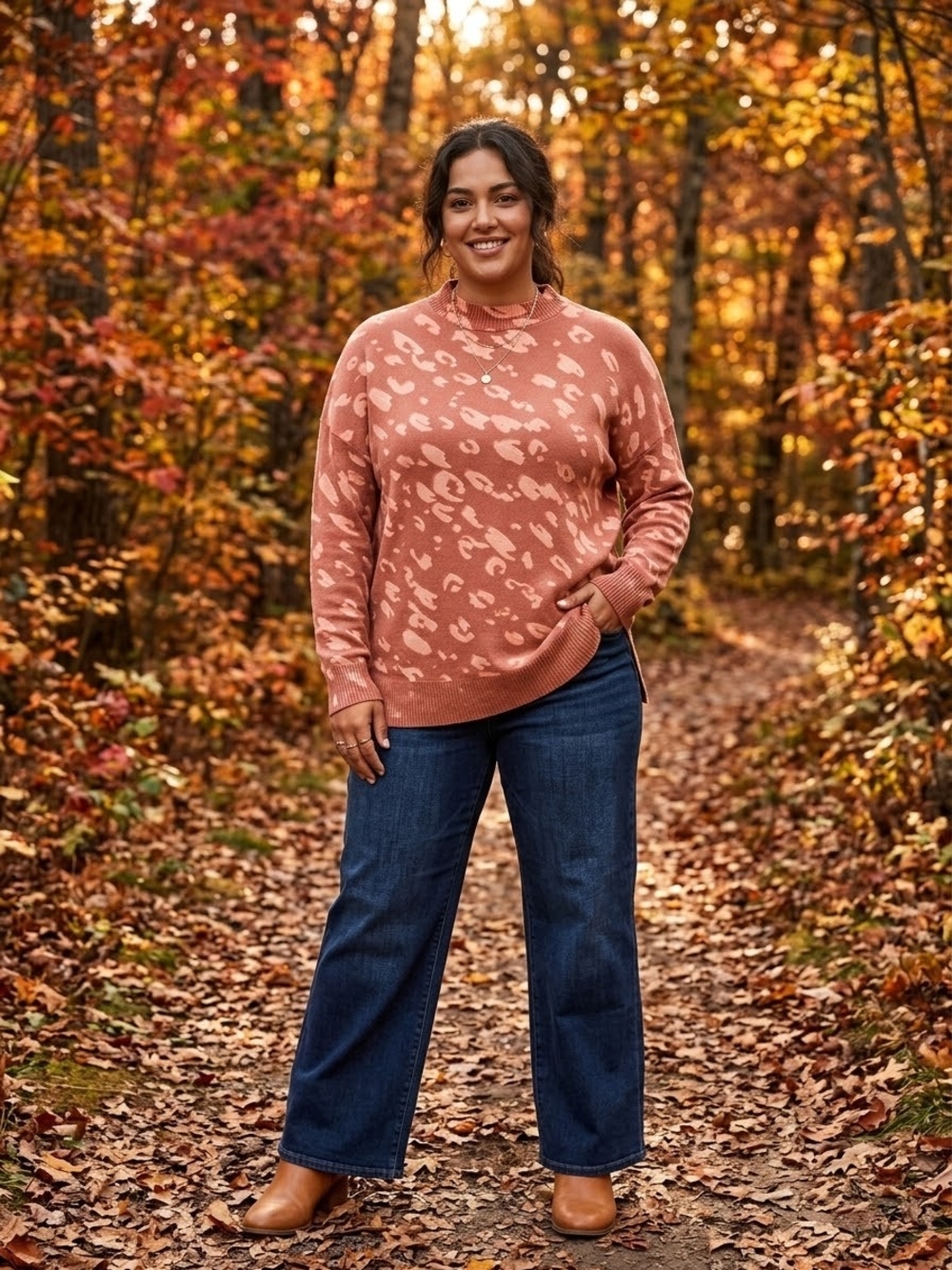 By Together Rust Leopard-Print Mockneck Sweater